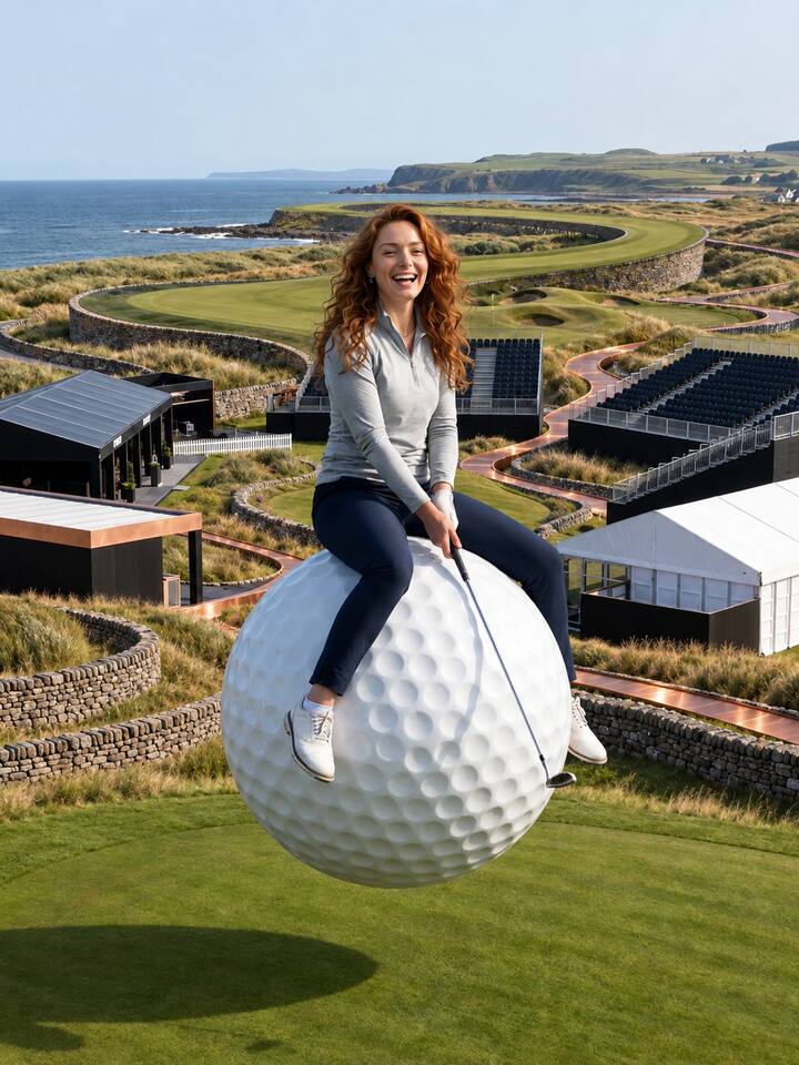 A fan riding a monumental golf ball above an imaginative Scottish Open landscape