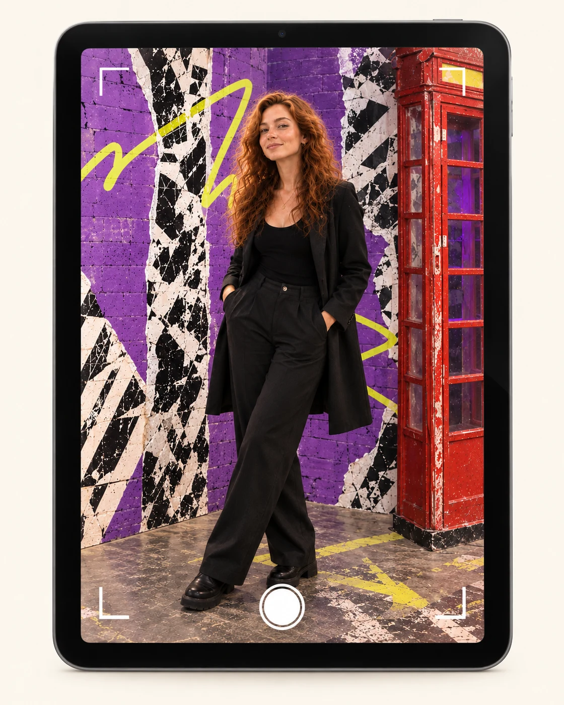 A portrait iPad camera screen showing the visitor against a purple, black, white, red and acid yellow Wake The Tiger inspired set
