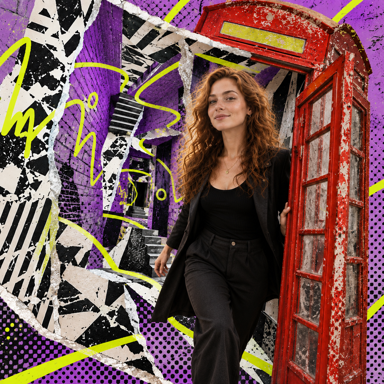 The visitor stepping from a distressed red telephone box into a purple, lime and black Absurd City collage world