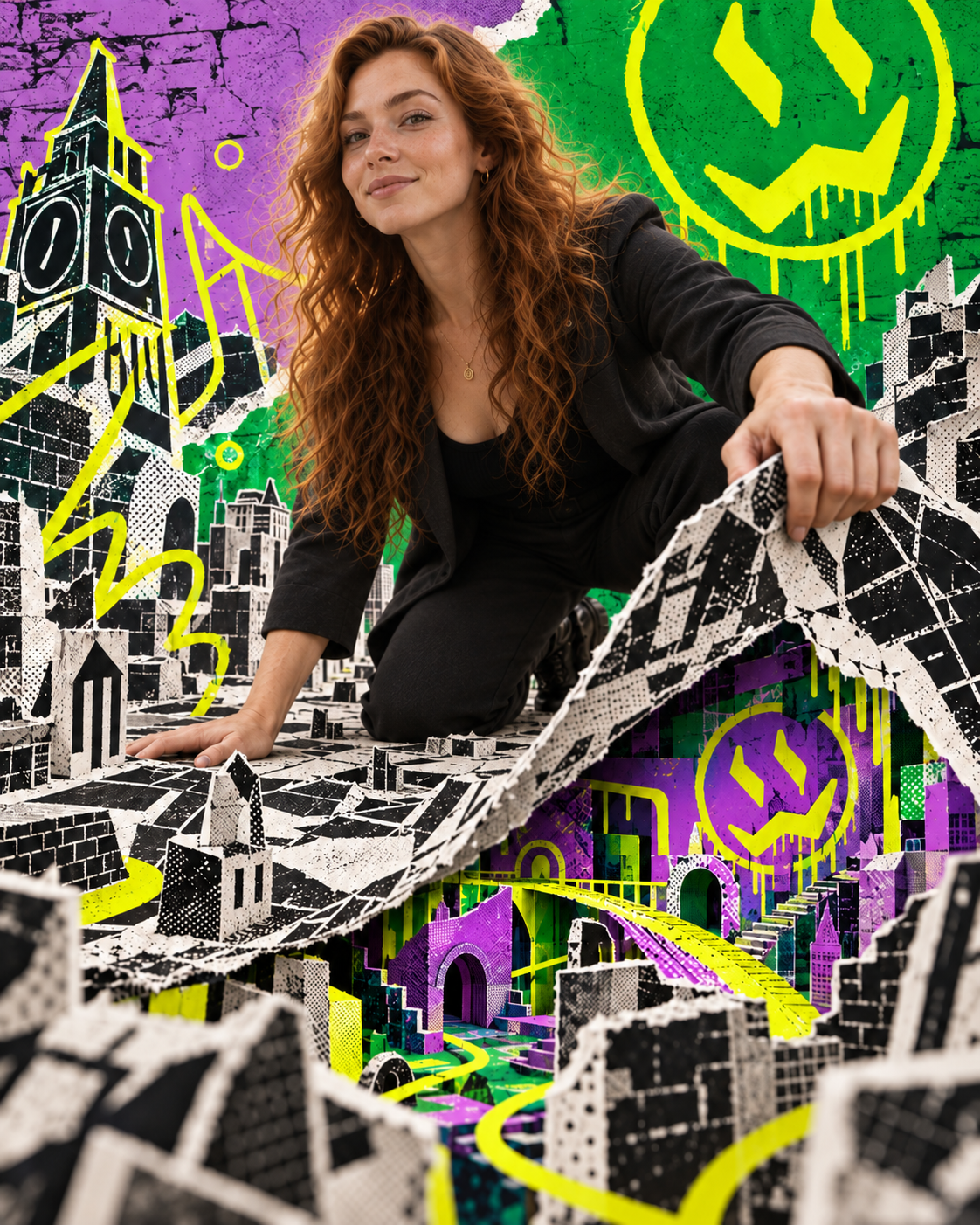 The visitor at monumental scale lifting a torn paper layer to reveal a miniature Absurd City district