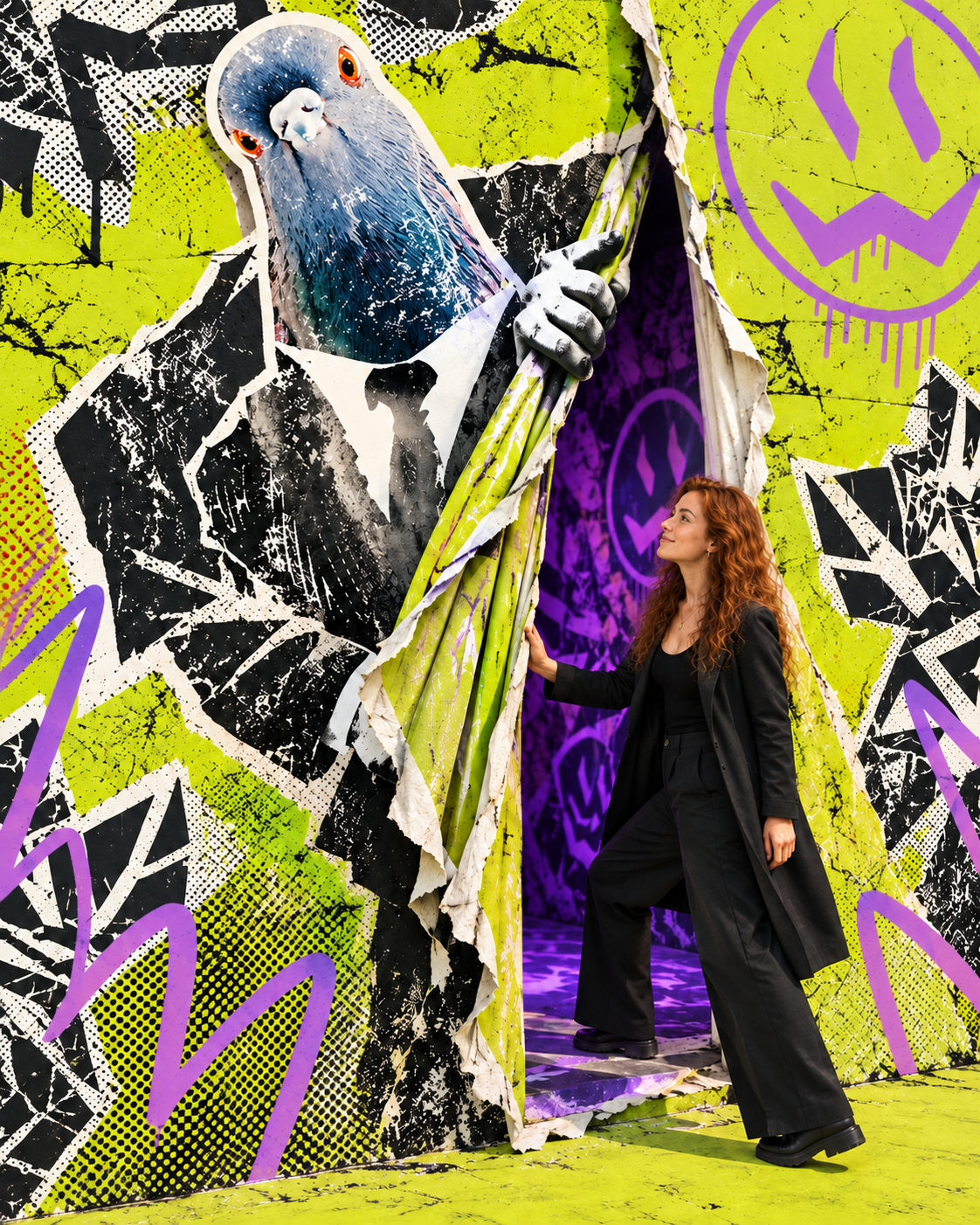 A giant suited pigeon pulling open a lime and purple collage wall as the visitor steps through